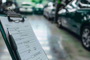 Um orçamento automotivo em uma prancheta, no pátio da oficina com cinco carros no fundo.