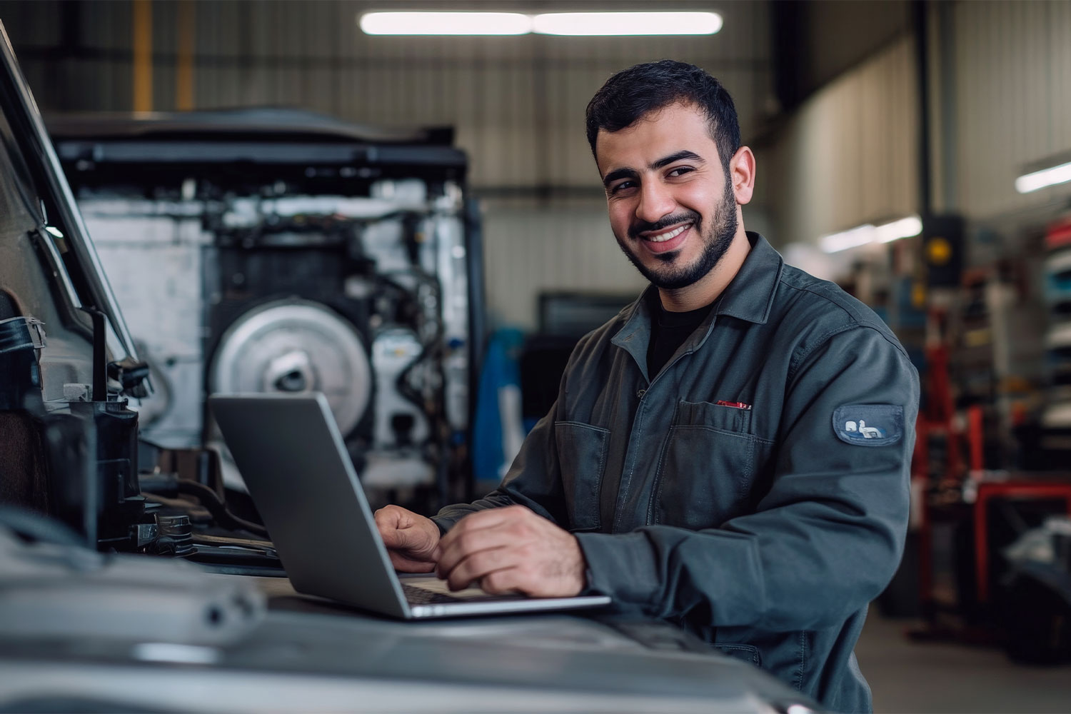 Mecânico sorrindo digitando no notebook dentro de uma oficina automotiva