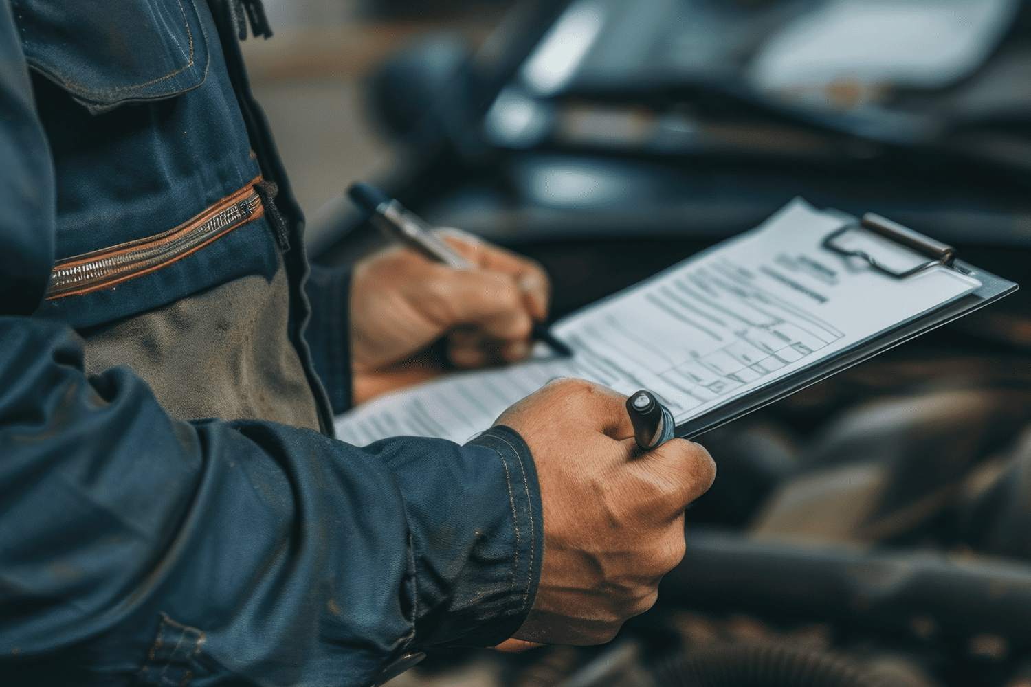 Homem assinando um documento em uma prancheta no pátio da oficina