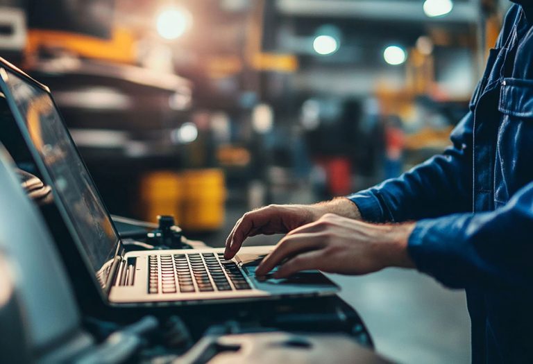 Mão de um homem digitando em um notebook que está em cima do capô de carro aberto e a oficina automotiva ao fundo.