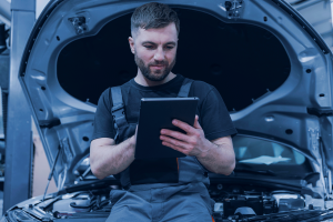 Mecânico sentado em cima do capô do carro que está aberto com um tablet em mãos.