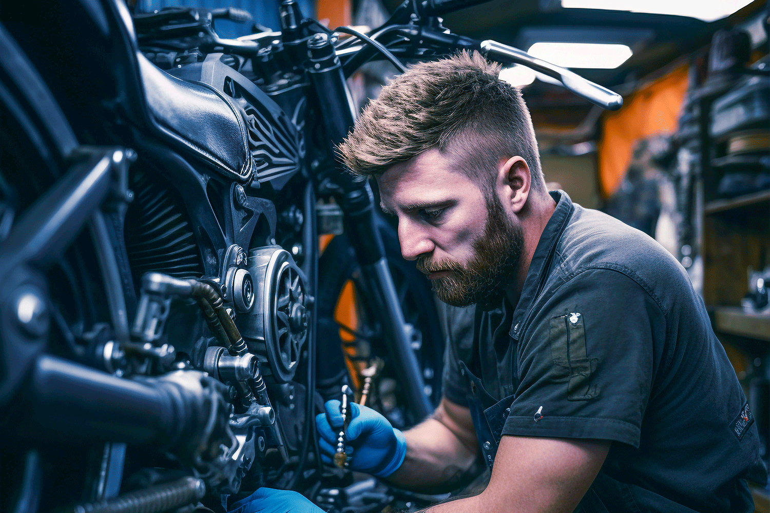 Mecânico arrumando uma moto