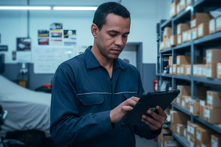 Peças automotivas organizadas em uma prateleira, referenciando um sistema de gestão de estoque de peças automotivas.