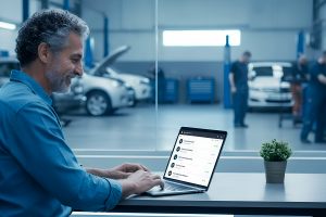 Homem contente vendo o marketing para oficina mecânica funcionar para o seu estabelecimento