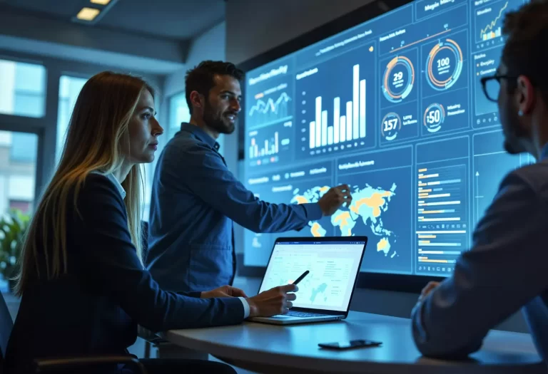 Pessoas analisando gráficos em dashboard digital e entendendo como a gestão digital evita erros orçamento oficina